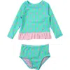 Rufflebutts Baby Girls Upf50+ Long Sleeve Rash Guard Bikini In Neon Flamingo Stripe