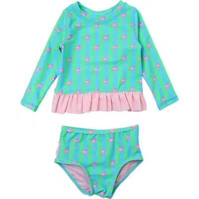 Rufflebutts Baby Girls Upf50+ Long Sleeve Rash Guard Bikini In Neon Flamingo Stripe