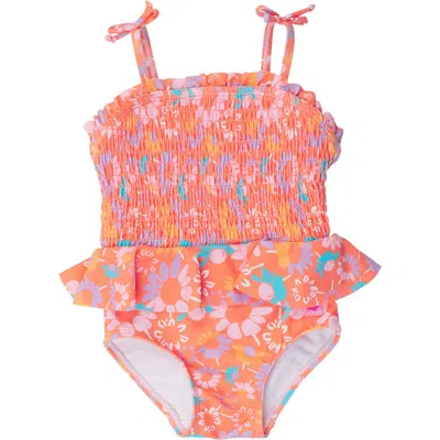 Rufflebutts Baby Girls Upf50+ Peplum Smocked Bodice One Piece In Coral Floral