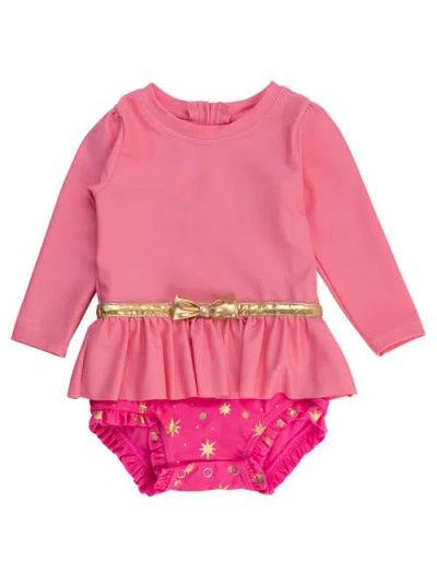 Rufflebutts Baby Girls Upf50+ Princess Long Sleeve Bow Skirted One Piece Swimsuit In Pink