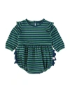 Rufflebutts Baby Toddler Girls Long Sleeve Flutter Bubble Romper In Fir Green & Navy Stripe