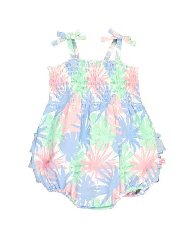 Rufflebutts Baby Toddler Smocked Tie Knit Bubble Romper In Pastel Palms