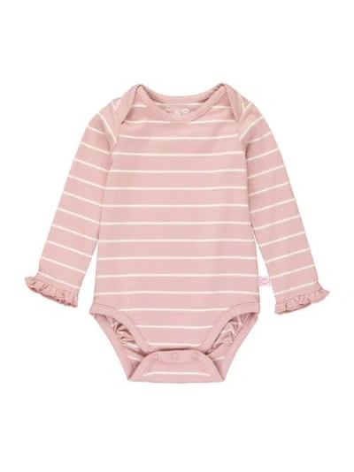 Rufflebutts Baby/toddler Girls Knit Long Sleeve Ruffle Layering Bodysuit In Soft Mauve And Ivory Stripe