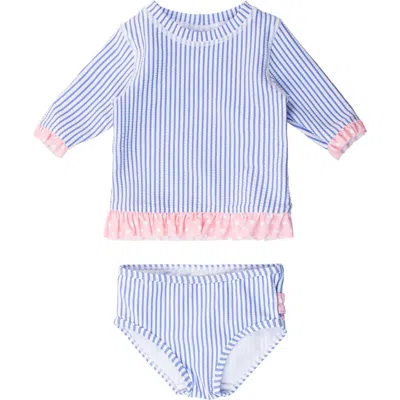Rufflebutts Baby/toddler Girls Upf50+ Seersucker Short Sleeve Ruffle Rash Guard Bikini In Blue