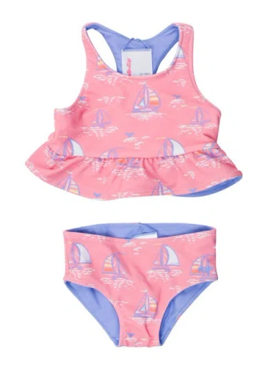 Rufflebutts Kids'  Baby/toddler Girls Upf50+ Sun Protected Reversible Peplum Tankini In Pink Seas The Day