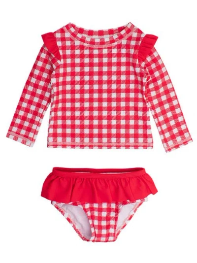Rufflebutts Kids'  Baby/toddler Girls Upf50+ Sun Protected Skirted Flutter Long Sleeve Rash Guard Bikini In Red