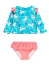 Rufflebutts Kids'  Baby/toddler Girls Upf50+ Sun Protected Skirted Flutter Long Sleeve Rash Guard Bikini In Blue