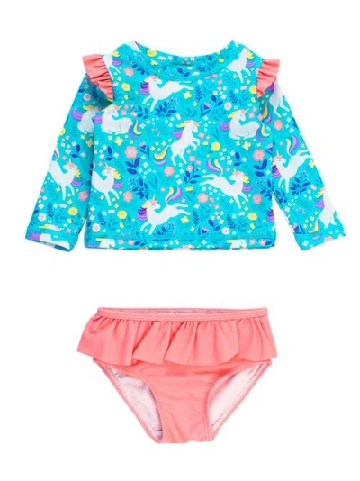 Rufflebutts Kids'  Baby/toddler Girls Upf50+ Sun Protected Skirted Flutter Long Sleeve Rash Guard Bikini In Blue