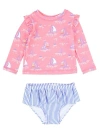 Rufflebutts Baby/toddler Girls Upf50+ Sun Protected Skirted Flutter Long Sleeve Rash Guard Bikini In Pink Seas The Day