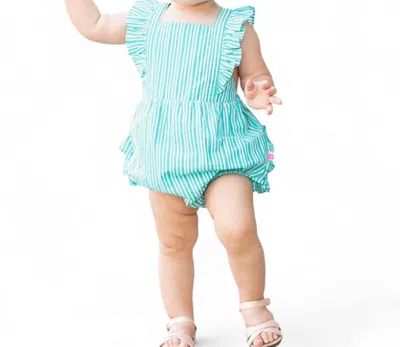 Rufflebutts Kids' Bella Stripe Bubble Romper In Aqua/white In Multi