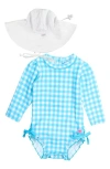 Rufflebutts Bright Aqua Gingham Long Sleeve One-piece Rashguard Swimsuit & Hat Set In White/blue