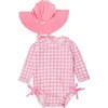 Rufflebutts Bubblegum Gingham Long Sleeve One-piece Rashguard Swimsuit & Hat Set In Pink