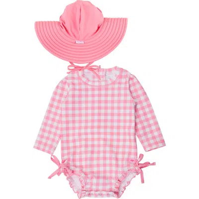 Rufflebutts Babies'  Bubblegum Gingham Long Sleeve One-piece Rashguard Swimsuit & Hat Set In Pink