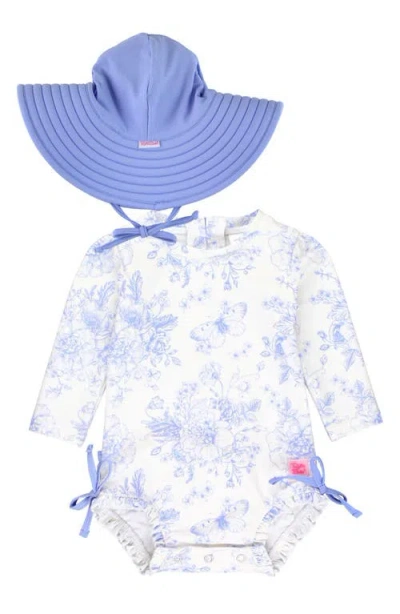 Rufflebutts Babies'  Butterfly Garden Long Sleeve One-piece Rashguard Swimsuit & Hat Set In Blue