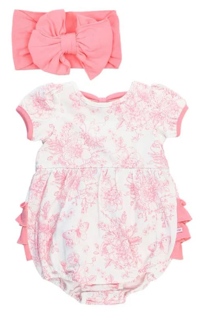 Rufflebutts Babies'  Butterfly Garden Toile Bubble Romper & Head Wrap Set In Pink