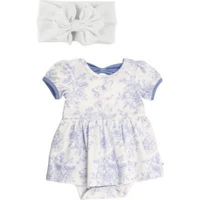 Rufflebutts Babies'  Butterfly Garden Toile Twirl Romper & Head Wrap Set In Blue