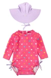 Rufflebutts Colorful Hearts One-piece Rashguard Swimsuit & Hat Set In Pink