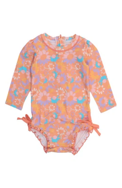 Rufflebutts Babies'  Coral Floral One-piece Rashguard Swimsuit In Orange
