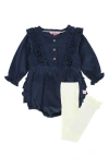 Rufflebutts Cotton Corduroy Bubble Romper & Leggings Set In Blue