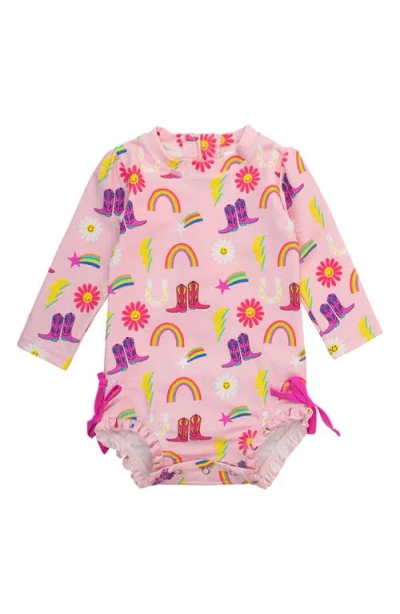Rufflebutts Babies'  Cowgirl Cutie One-piece Rashguard Swimsuit In Pink