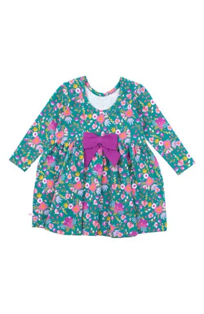 Rufflebutts Babies'  Emerald Floral Print Long Sleeve Stretch Cotton Dress In Green