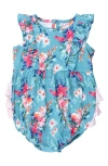 Rufflebutts Fancy Me Floral Ruffle Waterfall Bubble Romper In Blue
