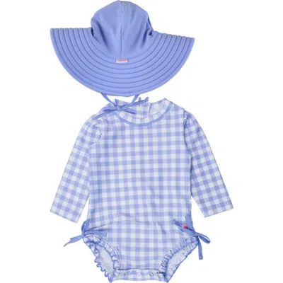 Rufflebutts Babies'  Gingham Long Sleeve One-piece Rashguard Swimsuit & Hat Set In Blue