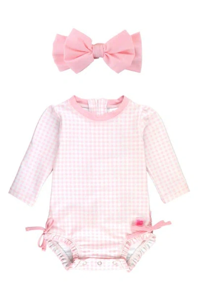 Rufflebutts Babies' Gingham Long Sleeve One-piece Swimsuit & Headband Set In Pink Gingham