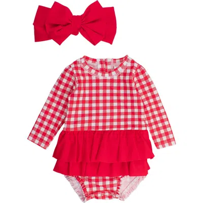 Rufflebutts Babies'  Gingham One-piece Rashguard Swimsuit & Bow Head Wrap Set In Red