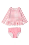 Rufflebutts Gingham Scallop Hem Long Sleeve Two-piece Rashguard Swimsuit In Pink