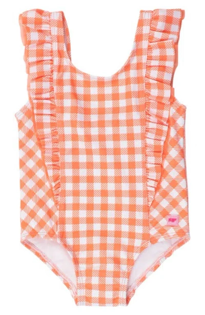 Rufflebutts Babies'  Gingham Waterfall Ruffle One-piece Swimsuit In Orange