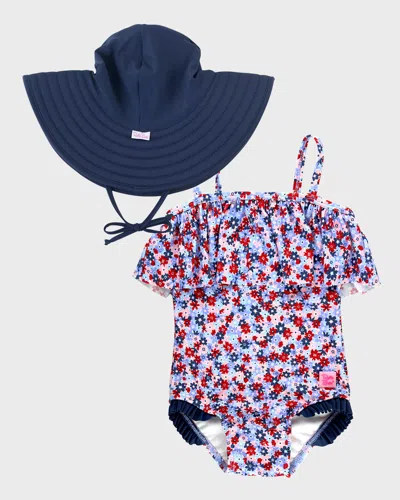 Rufflebutts Kids' Girl's Floral-print One-piece Swimsuit W/ Sun Hat In Multi