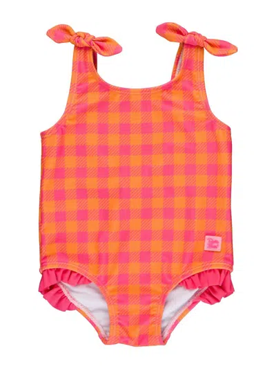 Rufflebutts Kids' Girls' Gingham Tie Shoulder One Piece Swimsuit In Sunset Sorbet In Red