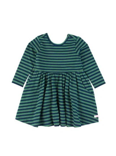 Rufflebutts Kids'  Girls Knit Long Sleeve Twirl Dress In Fir Green & Navy Stripe