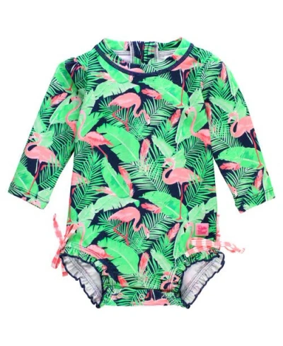 Rufflebutts Babies'  Toddler Girls Long Sleeve Upf50+ One Piece Rash Guard In Flamingo Frenzy