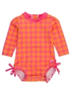 Rufflebutts Toddler Girls Long Sleeve Upf50+ One Piece Rash Guard In Sunset Sorbet Gingham