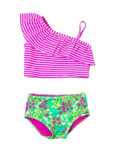 Rufflebutts Kids'  Girls One Shoulder Ruffle Tankini In Neon Floral
