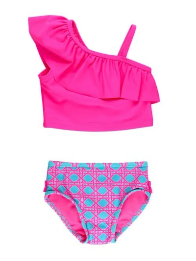 Rufflebutts Babies'  Girls One Shoulder Ruffle Upf50+ Tankini In Pink