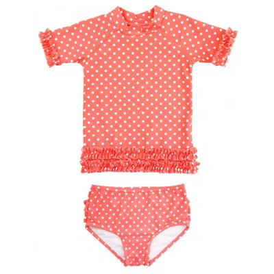 Rufflebutts Kids' Girls' Polka Dot Ruffled Rash Guard Swim Set In Orange/white In Pink