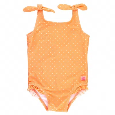 Rufflebutts Kids' Girls' Polka Dot Shoulder Tie One Piece Swimsuit In Melon/white In Orange