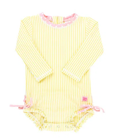 Rufflebutts Babies'  Girls Seersucker Long Sleeve Upf50+ One Piece Rash Guard In Banana