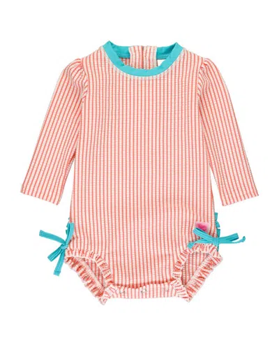 Rufflebutts Kids' Girls Seersucker Long Sleeve Upf50+ One Piece Rash Guard In Orange