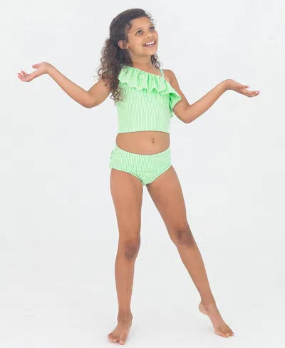 Rufflebutts Kids' Girls' Seersucker One Shoulder Ruffle Tankini Swimsuit In Spring Green In Multi
