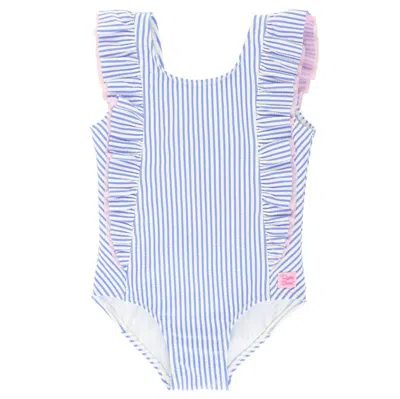 Rufflebutts Kids' Girls Seersucker Waterfall One Piece In Periwinkle Blue Seersucker