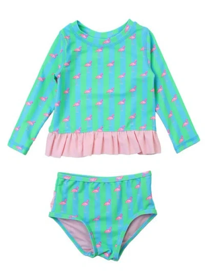 Rufflebutts Girls Upf50+ Long Sleeve Rash Guard Bikini In Neon Flamingo Stripe