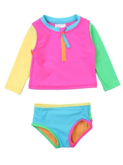 Rufflebutts Kids'  Girls Upf50+ Long Sleeve Zipper Rash Guard 2-piece In Neon Color Block