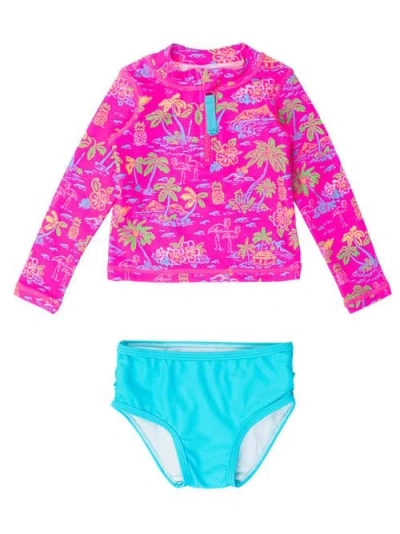 Rufflebutts Kids'  Girls Upf50+ Long Sleeve Zipper Rash Guard 2-piece In Neon Island Time