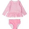 Rufflebutts Kids'  Girls Upf50+ Sun Protected Scallop Hem Long Sleeve Rash Guard Bikini In Bubblegum Pink Gingham