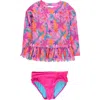 Rufflebutts Girls Upf50+ Sun Protected Scallop Hem Long Sleeve Rash Guard Bikini In Multi