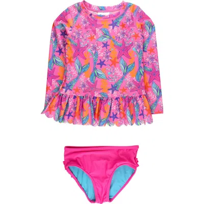 Rufflebutts Kids'  Girls Upf50+ Sun Protected Scallop Hem Long Sleeve Rash Guard Bikini In Multi